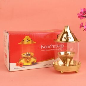 Satvik 6 Inch Kanchdeep Akhand Diya Chimney Diya Diwali Gift/Diwali Deepawali Decoration Brass Decorative Crystal Oil Lamp Tea Light Holder Lantern Oval Shape | Puja Lamp Indian housewarming Gift Item