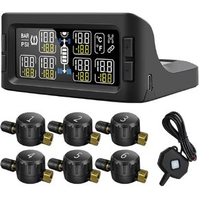 B-Qtech Tire Pressure Monitoring System Solar RV TPMS with 6 Flow Thru Sensors(0-199PSI) & Signal Booster, 7 Alarm Modes Real Time Display Pressure Tempereture for Trailer Motorhome,Pickup,Truck