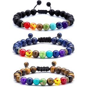 Hamoery Men Women 8mm Lava Rock Beads Chakra Bracelet Braided Rope Natural Stone Yoga Bracelet Bangle