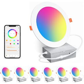 Smart Recessed Lighting 6 Inch RGBCW Color Changing 16W LED Downlight with Junction Box,1350 Lumen Recessed Ceiling Light Compatible with Alexa,Dimmable by Bluetooth Control -12Pack