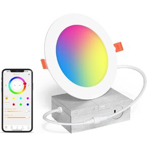 Smart Recessed Lighting 6 Inch RGBCW Color Changing 16W LED Downlight with Junction Box,1350 Lumen Recessed Ceiling Light Compatible with Alexa,Dimmable by Bluetooth Control -12Pack