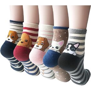 YSense 5 Pairs Womens Cute Socks Dog Cat Novelty Animal Socks Girl Cartoon Cotton Casual Crew Funny Socks Gifts
