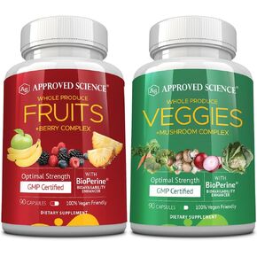 Approved Science Fruits & Veggies - 42 Whole Fruit and Veggie Supplement - Enhanced Health & Vitality - Daily Natural Vitamins, Minerals, Antioxidants - 90 Capsules Each - 1-Month Supply