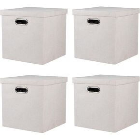 Storage Bins with Lids, Collapsible Linen Fabric Boxes Organizer Containers with Lid Foldable Storage Box Basket for Closet, Shelves, Home, Office, 12 x 12 x 12 Inch, 4 Pack, Beige