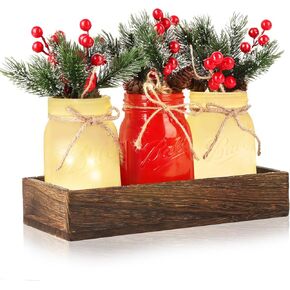 Christmas Mason Jar, Winter Mason Jar with Light Christmas Table Centerpiece Wooden Tray and 3 Decorative Jars Farmhouse Home Christmas Restaurant Coffee Kitchen Table Decor