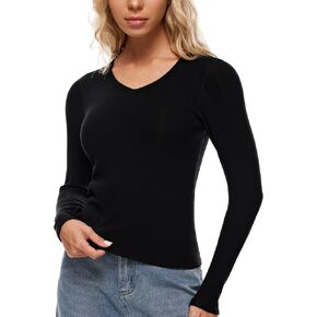 Wingslove Women's Long Sleeve Shirts Thermal Tops V Neck Built in Bra Cold Weather Fit Warm Base Layer Outfits