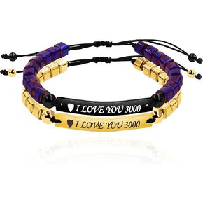 Square Hematite Stone Bracelets Custom Engraving Name ID Bracelets for Women Men Best Friends Birthday Graguation Wedding Promise Personalized Bracelets Gift, Purple Black Steel Gold Color Avaliable Y1433
