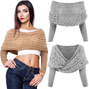 Geyoga 2 Pcs Scarf with Sleeves for Women Knitted Wrap Sweater Scarf with Sleeves Shrugs for Women Sleeve Wrap Shawl