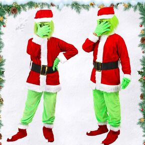 6PCS Kids Green Monster Costume Santa Claus Outfit for Boys Girls Christmas Cosplay Party Accessory Suits