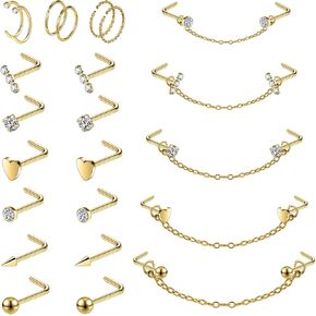 20G Nose Rings Studs with Chain Piercing Across Double Nose Stud Nose Hoop Spike Heart Ball CZ Surgical Steel Nostril Piercing Jewelry for Women Men, Black Silver Gold
