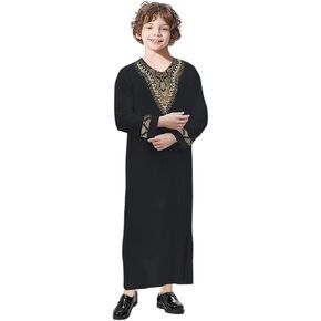 WSPLYSPJY Kids Boys Ethnic Printed Thobe Muslim Long Sleeve Kaftans Islamic Robe Prayer Clothes