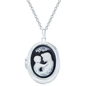 Personalize Vintage Victorian Style Black Blue White Carved Mother Loving Cameo Photo Locket Pendant Son Daughter Necklace For Women .925 Sterling Silver Women Hold Picture Custom Engraved