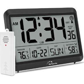 WallarGe Atomic Clock with Indoor Outdoor Temperature - 8.5'' Digital Clock Battery Operated, Self-Setting, 4 Time Zones, DST