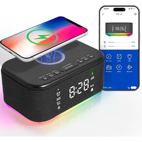 Bluetooth Alarm Clock Radio Bedroom, Digital Dual Alarm Clock Bedroom, Up to 10 Alarms Clock Night Light Speaker App/Button Control FM Charge Snooze Adjustable Volume Dim 12/24H, Black