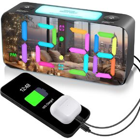 RGB Extra Loud Alarm Clock for Heavy Sleeper Hearing Impaired Deaf Bedroom, Vibrating Alarm Clock with Bed Shaker,15-Color Modes/7" Large Mirror Display/4 Dimmer,Night Light,USB Charger,Battery Backup