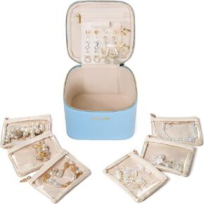 Travel Jewelry Box with 6 Pouches, Leather Jewelry Organizer Case for Women Girl for Necklace Earring Bracelet Ring, Jewelry Holder Organizer Box,Wedding Birthday Gift Idea