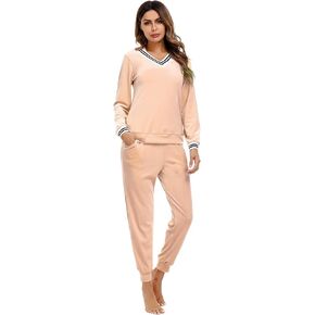 Irevial Women's Striped V Neck Velour Tracksuit Two Piece Sweatsuits Sets with Pocket