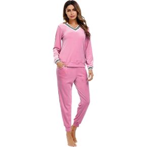 Irevial Women's Striped V Neck Velour Tracksuit Two Piece Sweatsuits Sets with Pocket