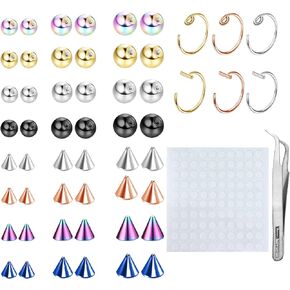 TEN MIRO Fake Eyebrow Ring Fake Lip Labret Studs Replacement Balls Spike with 100Pcs Sticker Non-Piercing Nose Rings Hoop Body Jewelry Fake Skin Piercing 3MM 4MM 5MM(Rainbow)