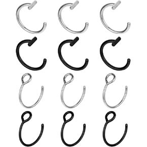 Fake Lip Ring, 12 Pcs Stainless Steel Fake Lip Piercing 8mm Fake Nose Ring Clip On Nose Ring Ear Cuffs Non Piercing Jewelry for Women Men (Silver, Black)