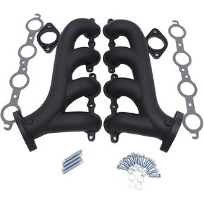 1 Set SHLPDFM Exhaust Manifold LS Swap Cast Iron Black Exhaust Manifold Headers Fits for Chevrolet LS1LS2LS3 4.8L 5.3L 6.0L WITH All Gaskets and Hardware and Flanges