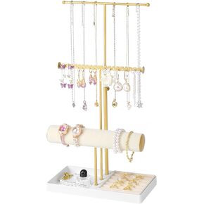 Cirhy Gold Jewelry Stand, Jewelry Organizers and Storage, Adjustable 3 Tire Necklace holder for Earring Display, Bracelet Holder with Velvet Ring Tray, Gifts for Her.