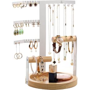 Jewelry Organizer, Necklace Holder with Wooden Tray, Earring Holder Organizer Jewelry Rack Room Decor, Jewelry Stand for Bracelets Watches Rings