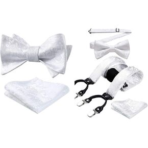 HISDERN Bow Ties for Men White Floral Bowtie Self Tie & Suspenders and Bow Tie Pocket Square Set Classic Formal Tuxedo Wedding Bowties