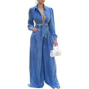 Voghtic Women's Sexy Denim 2 Pieces Outfits Fall Long Sleeve v Neck Crop Lace-Up Shirt Wide Leg Pants Matching Sets