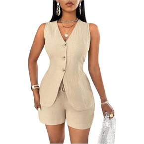 Floerns Women's Two Piece Outfit Button Blazer Vest with Shorts Business Suit Set