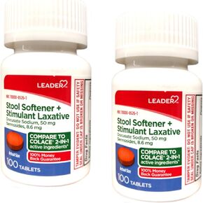 LEADER 2-in-1 Stool Softener & Stimulant Laxative, Docusate Sodium 50mg, Sennosides 8.6 mg, Gentle Occasional Constipation Relief for Adults, Both Men & Women, and Children Ages 6+, Pack of 2-100 mg