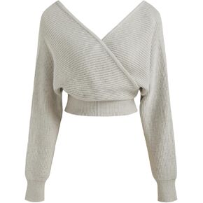 CIDER Cropped Sweaters for Women V Neck Wrap Cross Front Solid Knit Pullover Long Sleeve Tops