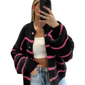 QIBABU Womens Striped Cardigan Sweaters Casual Open Front Long Sleeve Button Down Knit Outwear