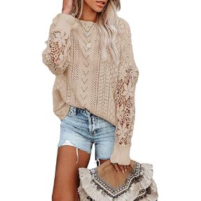 Dokotoo Womens Crewneck Crochet Lace Long Sleeve Hollow Out Cable Knit Sweaters Pullover Tops