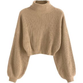 ZAFUL Women's Crew Neck Long Sleeve Pullover Crop Sweater Mock Neck Lantern Sleeve Ribbed Knit Cropped Sweater