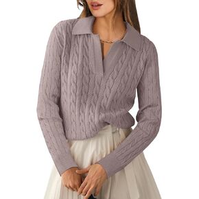 ANRABESS Womens Cable Knit Sweaters Long Sleeve V Neck Sweater Tops Casual Pullover Polo Shirts 2024 Fall Fashion Outfits