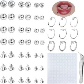 Fake Piercings Fake Eyebrow Ring Fake Lip Labret Studs Replacement Balls Spike with 100Pcs Sticker Non-Piercing Nose Rings Hoop Body Jewelry Fake Skin Piercing 3MM 4MM 5MM