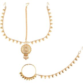 Efulgenz Gold Tone Indian Jewelry for Women Bridal Hair Jewelry for Women Dubai Style Matha Patti with Indian Nose Rings Hoop with Chain Nath Nathni Nose Pin Stud Fake Septum Ring Gold Tone Floral Maang Tikka Headpiece Hair Accessories