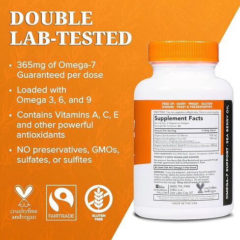 كبسولات هلامية سيبو أوميغا 7، زيت نبق بحر الهيمالايا العضوي الفاخر (60 قيراط، كمية تكفي 30 يومًا) - مكمل للبشرة الصحية والشعر والأظافر والجفاف in Kuwait