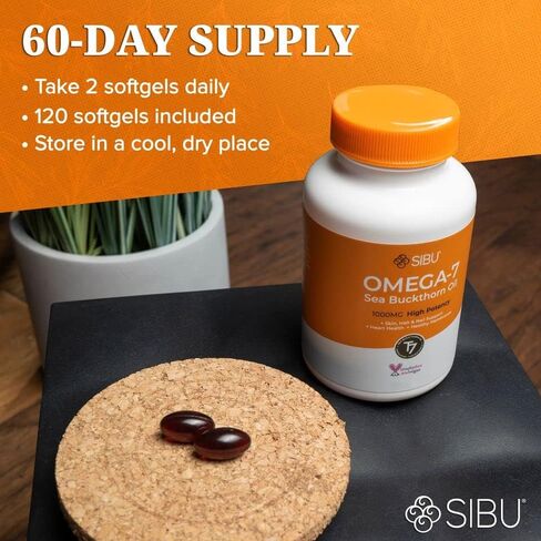 كبسولات هلامية سيبو أوميغا 7، زيت نبق بحر الهيمالايا العضوي الفاخر (60 قيراط، كمية تكفي 30 يومًا) - مكمل للبشرة الصحية والشعر والأظافر والجفاف in Kuwait