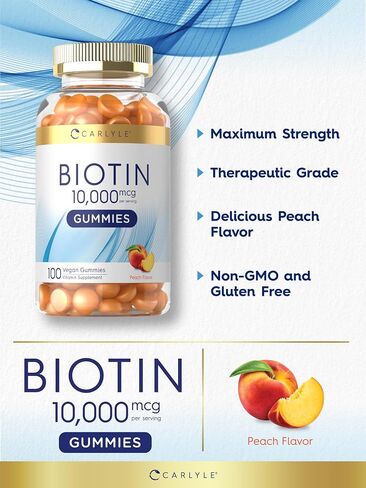 Carlyle Biotin 10000mcg Gummies | 100 Count | Peach Flavor Supplement | Vegan, Non-GMO, Gluten Free in Kuwait