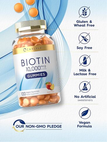 Carlyle Biotin 10000mcg Gummies | 100 Count | Peach Flavor Supplement | Vegan, Non-GMO, Gluten Free in Kuwait