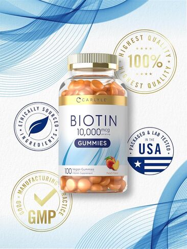 Carlyle Biotin 10000mcg Gummies | 100 Count | Peach Flavor Supplement | Vegan, Non-GMO, Gluten Free in Kuwait