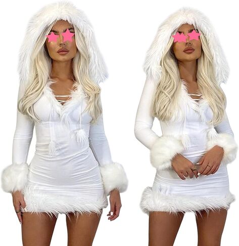 Womens Mrs.Claus Santa Costume Velvet Hoodie Christmas Dress Sexy Role-Playing Cosplay Suit Bodycon Party Mini Dress in Kuwait