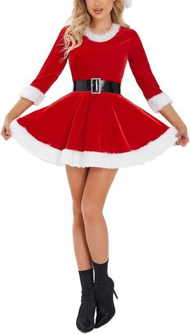 Womens Mrs.Claus Santa Costume Velvet Hoodie Christmas Dress Sexy Role-Playing Cosplay Suit Bodycon Party Mini Dress in Kuwait