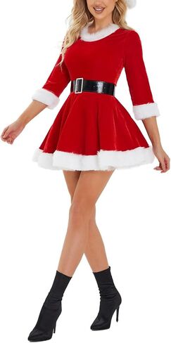 Womens Mrs.Claus Santa Costume Velvet Hoodie Christmas Dress Sexy Role-Playing Cosplay Suit Bodycon Party Mini Dress in Kuwait