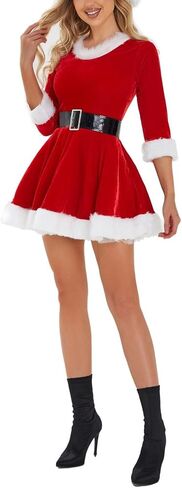 Womens Mrs.Claus Santa Costume Velvet Hoodie Christmas Dress Sexy Role-Playing Cosplay Suit Bodycon Party Mini Dress in Kuwait