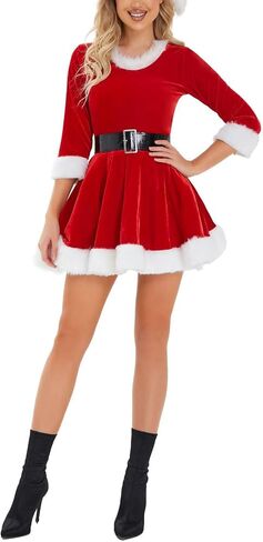 Womens Mrs.Claus Santa Costume Velvet Hoodie Christmas Dress Sexy Role-Playing Cosplay Suit Bodycon Party Mini Dress in Kuwait