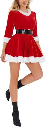 Womens Mrs.Claus Santa Costume Velvet Hoodie Christmas Dress Sexy Role-Playing Cosplay Suit Bodycon Party Mini Dress in Kuwait