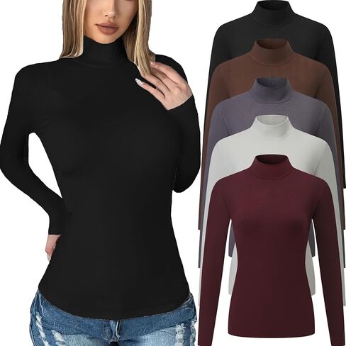 5 Pack Womens Long Sleeve Tops Mock Turtleneck Basic T Shirt Fall Stretch Tight Fitted Thermal Shirts in Kuwait